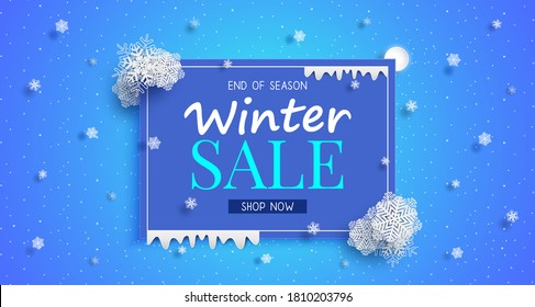 Winter sales banner design. with a seasonal cold weather. and with snowflakes floating. and for shopping discount promotion. and frame leaflet or web banner.and used as illustration or background.