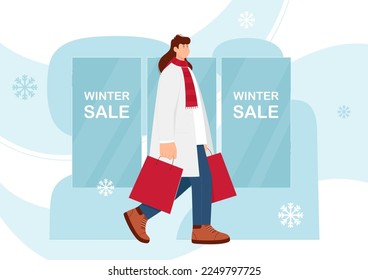 Winter sales, banner design template vector illustration. Cartoon girl walking to buy gifts and presents with discount offer in shop, person holding shopping bags, store advertising in holiday season