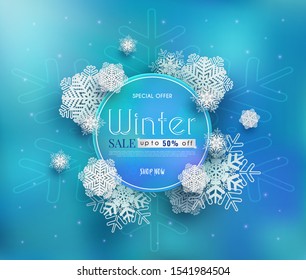 Winter sales banner design.with a seasonal cold weather. and white snowflakes. and for shopping discount promotion.and frame leaflet or web banner.and used as illustration or background.