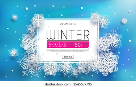 Winter sales banner design.with a seasonal cold weather. and white snowflakes. and for shopping discount promotion.and frame leaflet or web banner.and used as illustration or background.