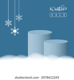 Winter sales banner illustrated on blue background, Winter sales banner created with snowflakes, clouds and stage. 