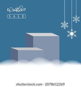 Winter Sales Banner Illustrated On Blue Background, Winter Sales Banner Created With Snowflakes, Clouds And Stage. 