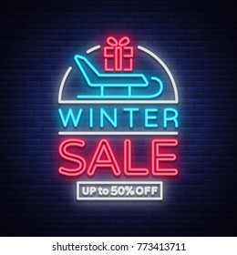 Winter sales banner in neon style. Vector illustration on Winter, New Year and Christmas discounts and sales. Neon sign, bright sign, nightlit advertising, postcard, neon poster, brochure