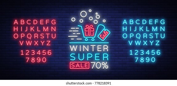 Winter sales banner in neon style. Vector illustration on Winter, New Year and Christmas discounts and sales. Neon sign, bright sign, advertising, postcard, neon poster. Editing text neon sign