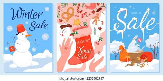 Winter sales card and banner templates set vector illustration. Cartoon cute bunny and snowman with percentage discount offer tag, burst of gifts from red stocking for social media story promotion