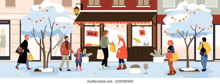 Winter sales vector illustration. Cartoon people walking with shopping bags on city street with snow on trees and stores facade with sale sign board, customers rush to buy gifts for Christmas holidays