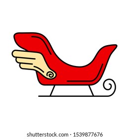 Winter Santas sleigh with magic wings color icon. Holiday Xmas winter trendy decoration background. Holidays event, carnival party element icon. Children happiness. Vector linear illustration vintage.