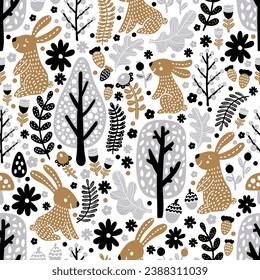 Winter in the Scandinavian forest. Cute seamless pattern with houses, animals and trees. Can be used in textile industry, paper, background, scrapbooking.Vector.