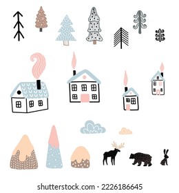 Winter in the Scandinavian forest. Cute set with houses, animals and trees. Can be used in textile industry, paper, background, scrapbooking.Vector.