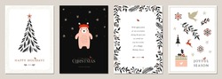Winter Scandinavian Holiday Cards. Christmas Templates With Decorative Christmas Tree, Teddy Bear, Gift Box, Dove, Snowflakes, Ornate Floral Background And Frame With Copy Space, Birds And Greetings.