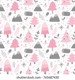 Winter scandinavian seamless pattern with forest for christmas packaging design