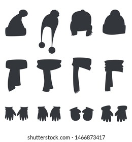 Winter scarf, hats, gloves and mittens black silhouettes vector set isolated on a white background.