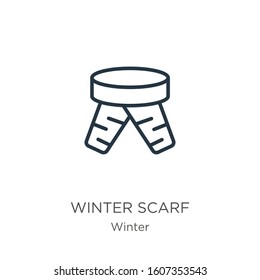 Winter scarf icon. Thin linear winter scarf outline icon isolated on white background from winter collection. Line vector sign, symbol for web and mobile