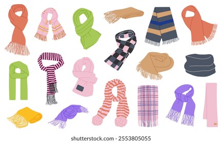 Winter scarf set isolated on white background. Colorful flat design. Vector illustration.