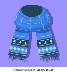 Winter Scarf Vector Illustration. A cozy winter scarf with a blue pattern in a cartoon style. Ideal for winter-themed designs and kids' winter accessories.