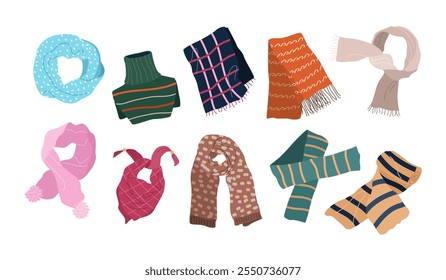 Conjunto de bufandas de invierno. Lana, tejido, bufandas de algodón, silenciador, snood, tippet para hombres, mujeres y niños. Accesorios de moda, prendas de abrigo para el Clima frío. Ilustraciones vectoriales planas aisladas en blanco.