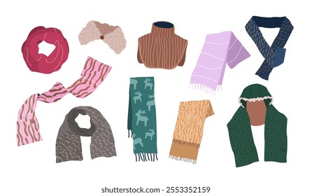 Conjunto de bufandas de invierno. Lana, tejido, bufandas de algodón, silenciador, snood, tippet para hombres, mujeres y niños. Diferentes accesorios de moda, prendas de abrigo para el Clima frío. Ilustraciones vectoriales planas aisladas.