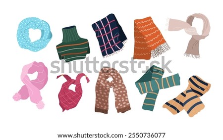 Winter scarves set. Woolen, knitted, cotton scarves, muffler, snood, tippet for men, women and kids. Fashion accessories, warm garments for cold weather. Isolated flat vector illustrations on white.