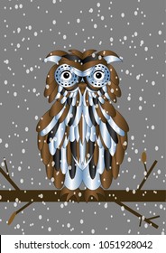 Winter scene of an abstract owl in brown black and silver sitting on a branch while snow is falling down.