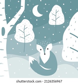 Escena de invierno con zorro ártico y árboles. Ilustración vectorial de nevado en el bosque mágico.