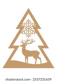 Winter scene arranged in a tree shape, Winter vector illustration, template for laser cutting 