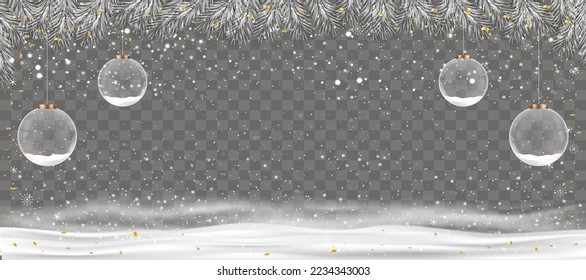 Winter Scene background with Christmas ball and Branches tree Border,Ornaments 3d Snow Globe Crystal hanging with Fir needles garland with snow,Christmas greeting card,New year banner, header, poster