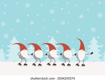 Winter scene background with ice skating gnomes, trees, and falling snow.  