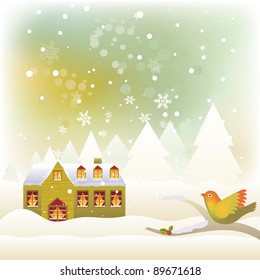 Winter scene. Bird on perched tree and a snow covered house.