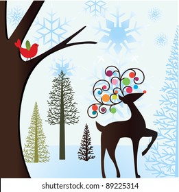 winter scene with bird and reindeer
