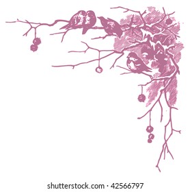 winter scene with birds and branches, retro engraving, two-color vector illustration