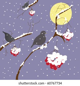 Winter scene with birds and moon