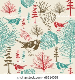 Winter scene with birds seamless pattern