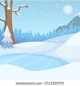 Una escena de invierno con un estanque azul y un árbol con nieve en él