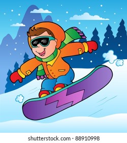 Winter scene with boy on snowboard - vector illustration.
