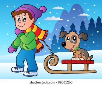 Winter scene with boy and sledge - vector illustration.