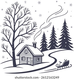 Winter Scene with Cabin and Sleigh