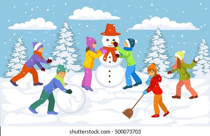 Winter Scene with children playing outside snow ball, making snowmen, having fun