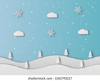 Winter scene christmas background with paper cut style. Simple pine tree, cloud, snowflakes and sparkle light.