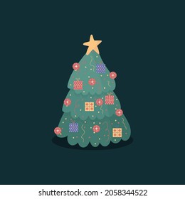 Winter scene with Christmas Tree gift boxes. Illustration for the New Year holidays. New Year and Christmas surprises. Vector illustration