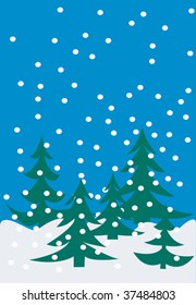 Winter scene with Christmas trees and  snowflakes