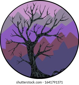Winter Scene In A Circle of a Dead Tree in Front of Mountains Vector Illustration for Logo Design 