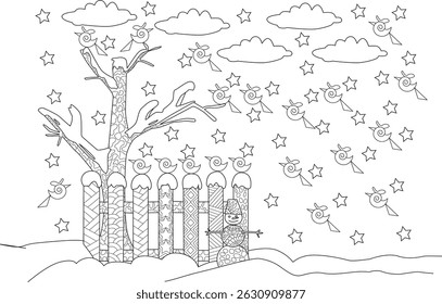 Winter Scene Coloring Page with Snowman and Birds, Black and white outline drawing of a cheerful winter landscape, perfect for coloring. Features a snowman, patterned fence, bare tree with birds,