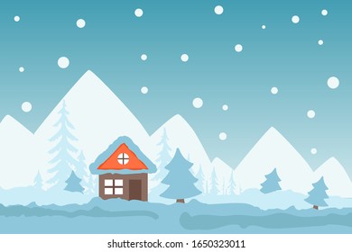 Winter scene with cozy cottage in mountains, snowy landscape, vector illustration. Simple nature scene, cute countryside house in snowfall. Christmas wonderland, winter landscape, hut in snow forest