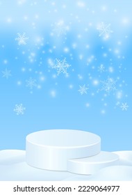Winter scene with cylinder podium. Christmas stage on snow background. Vector 3d illustration glowing snowflakes falling. Winter landscape, blue sky, snowstorm. Empty space for product design.