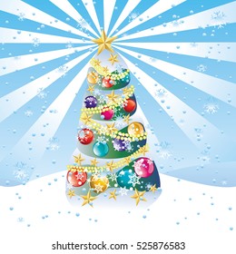 Winter scene with decorated Christmas tree on slope.