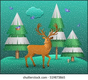 Winter scene. Deer in a snowy forest. Cartoon style. Vector illustration.