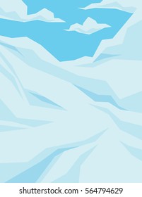 Winter scene with downhill slope, blue sky and clouds. Vector illustration of mountains landscape in faceted flat style. Background for your artworks, design and prints. 