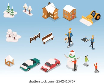 Winter Scene Elements with People, Snowman, Trees, and Vehicles 3d isometric vector illustration