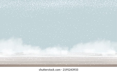 Winter scene empty wood table top with snowing on blue sky background.Vector banner of Wooden texture for holiday backdrop on Christmas and New Year promotion or Sale concept