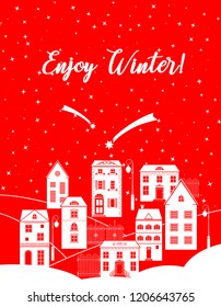 Winter scene with european city houses at night time. Xmas concept made in vector.